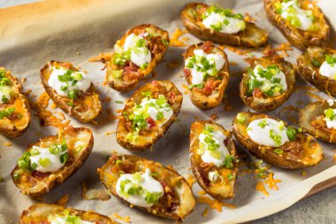 Homemade Loaded Crispy Potato Skins with Sour Cream and Bacon