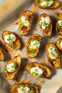Homemade Loaded Crispy Potato Skins with Sour Cream and Bacon