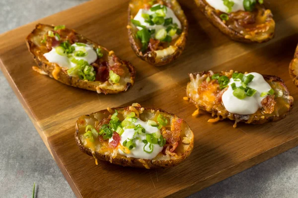 Homemade Loaded Crispy Potato Skins Sour Cream Bacon — Photo