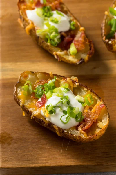 Homemade Loaded Crispy Potato Skins Sour Cream Bacon — Stock Photo, Image