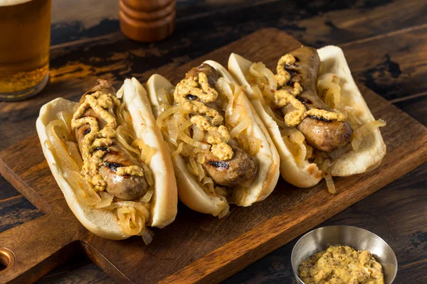 Homemade Beer Bratwursts with Onions and Mustard