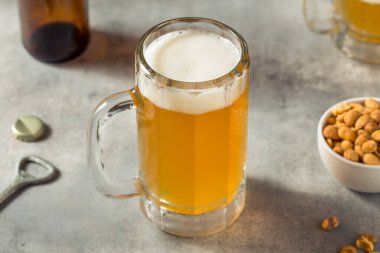 Boozy Refreshing Cold Craft Beer in a Mug with Nuts