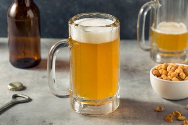 Boozy Refreshing Cold Craft Beer in a Mug with Nuts