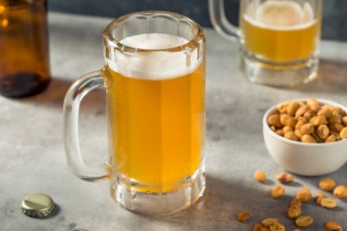 Boozy Refreshing Cold Craft Beer in a Mug with Nuts