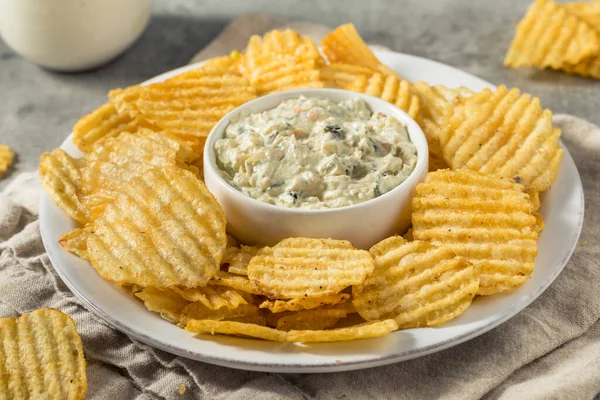 Unhealthy Potato Chips Dip Appetizer Ready Eat — Stock Photo, Image