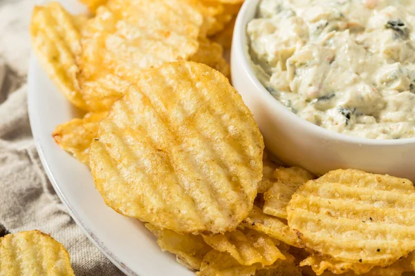 Unhealthy Potato Chips Dip Appetizer Ready Eat — Stock Photo, Image