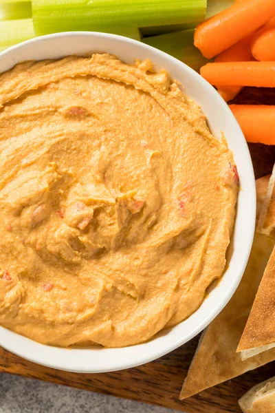 Homemade Red Pepper Hummus Dip Pita Veggies — Stock Photo, Image