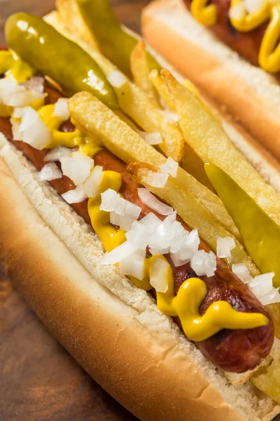 Hemlagad Chicago Style Depression Dog Med Pommes Frites Senap Paprika — Stockfoto