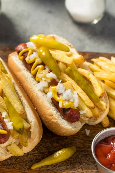 Homemade Chicago Style Depression Dog Fries Mustard Peppers Onion — Stock Photo, Image