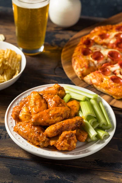 Homemade Pepperoni Pizza Chicken Wings Beer Football Party — 스톡 사진