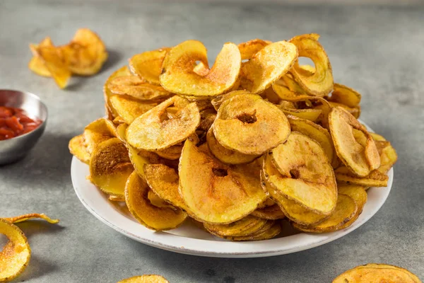 Homemade Spiral Cut Potato Chips Salt Ketchup — стокове фото