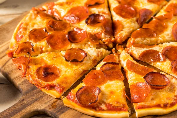 Homemade Pepperoni Pizza Slices Tomato Basil Sauce — стокове фото