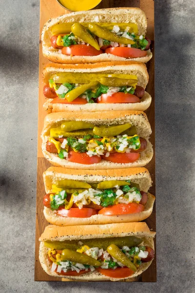 Cachorros Quentes Caseiros Estilo Chicago Com Cebola Tomate Pimentas — Fotografia de Stock