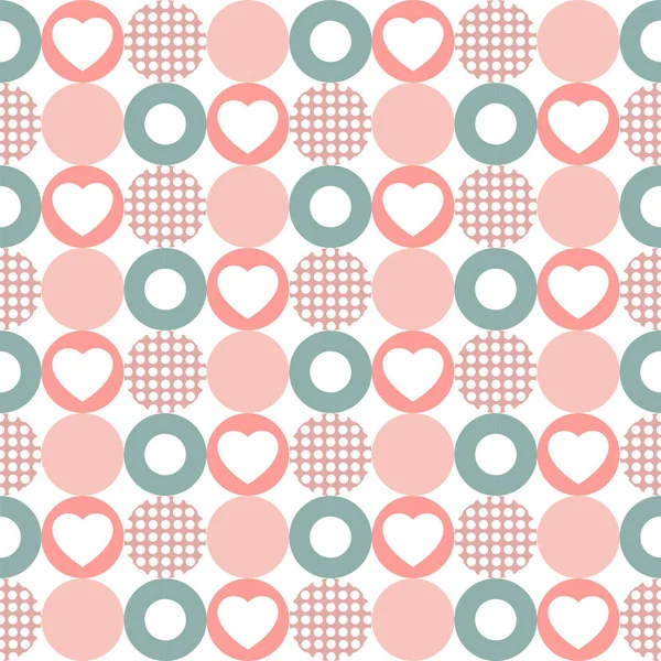Retro, kalp ve daire şeklinde kusursuz geometrik desen. Kalp desenli minimalist sanat eseri posteri. Web afişi, markalaşma paketi, kumaş baskısı, duvar kağıdı için vektör deseni tasarımı
