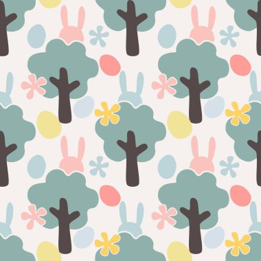 Kusursuz paskalya yumurtası ve mutlu tavşan, pastel renk vektörü. El çizimi şirin Rabit ağacın arkasına saklanır, Paskalya yumurtası avı tekrarı arka planı..