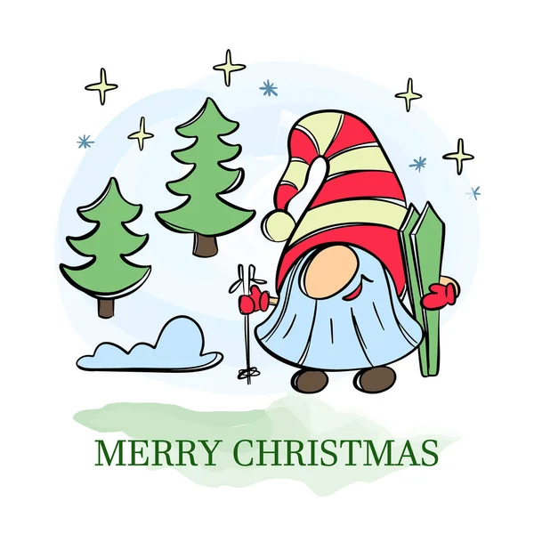 Santa Skis Смішний Бородатий Карлик Хмари Новий Рік Різдвом Мультфільм Стокова Ілюстрація