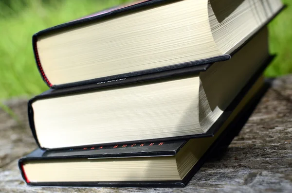 Boeken op een bankje gestapeld — Stockfoto