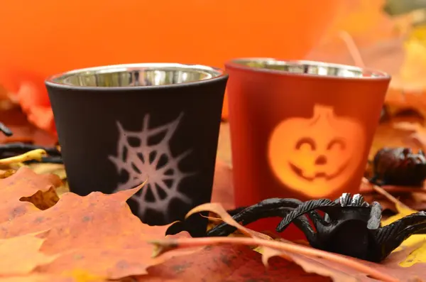 Halloween-Laternen und Spinnen — Stockfoto