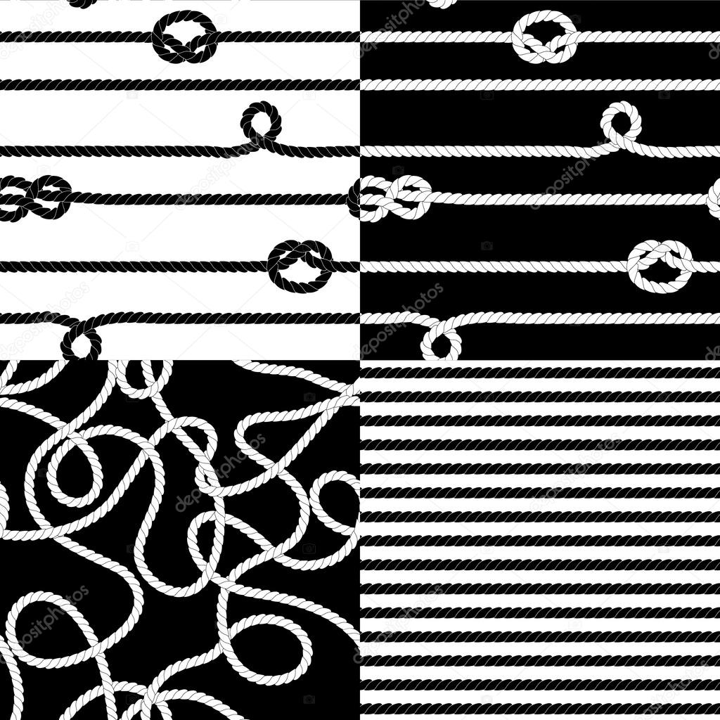 Navy rope with marine knots seamless patterns set in black and white ...