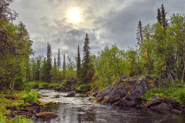 Mystical landscape on the Polisarka river. Kola Peninsula.