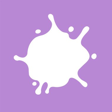 Pankart arka planı için mor üzerine süt sıçraması, beyaz süt sıçrama şekli, grafik sembolü için süt dökülmesi, sütün lekelenmesi