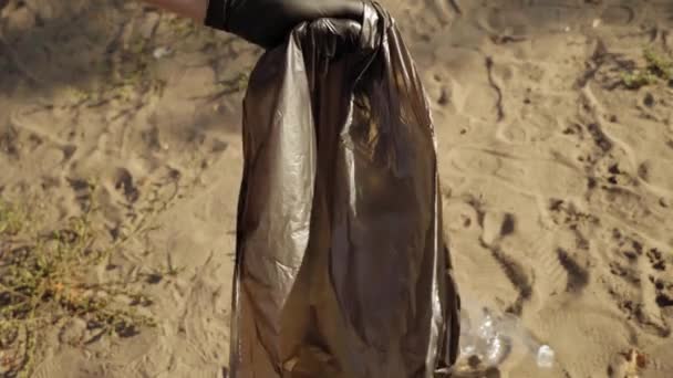 义工在垃圾袋里收集垃圾 没有垃圾的星球概念 自然清洁 义工生态环保概念 — 图库视频影像