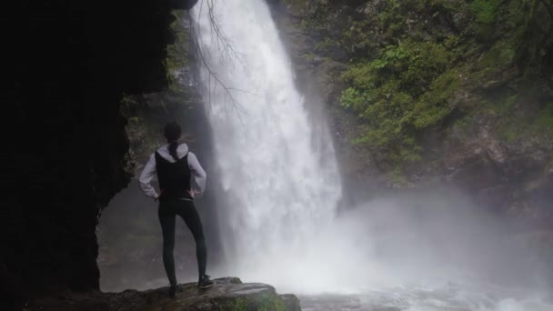 Woman Look Splashing Waterfall Tourist Contemplating Mountain River Flow — Stock Video