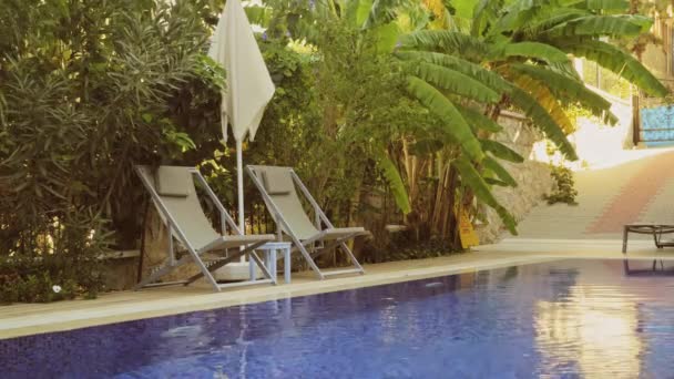 Privater Swimmingpool im Freien mit zwei freien Liegestühlen an sonnigen Tagen — Stockvideo