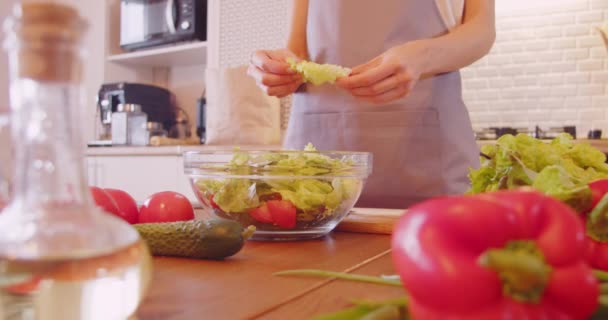 Jonge Vrouw Maken Verse Groentesalade Moderne Gezellige Keuken Interieur Bereiden — Stockvideo