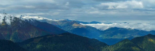 Vista Aerea Sopra Nuvole Nella Valle Montagna Mattino Ampio Banner — Foto Stock