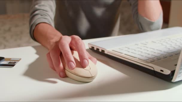Közelkép a kéz a nő, és használja az egeret a laptop, hogy shoppin — Stock videók
