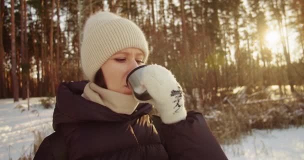 Mulher Viajante Segurando Xícara Chá Andando Floresta Gelada Inverno Nevado — Vídeo de Stock