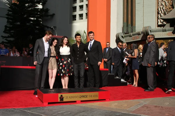 Robert Pattinson, Kristen Stewart, Taylor Lautner, Stephanie Meyers, Jimmy Kimmel — Foto Stock