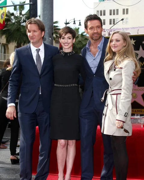 Tom Hooper, Anne Hathaway, Hugh Jackman, Amanda Seyfried — Stock Photo, Image