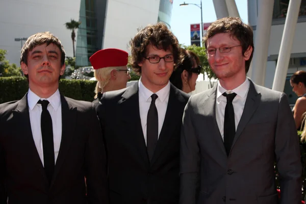 Scrittrice Jorma Taccone, attore Andy Samberg e scrittrice Akiva Schaffer — Foto Stock