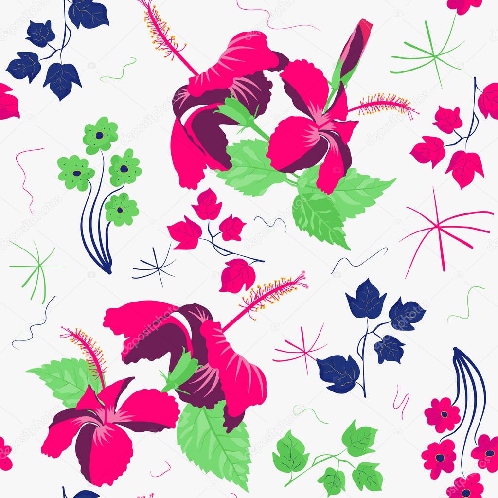 Seamless symmetric tropical rose mallow greenery motif for garment, wearable, sofa, divan, bohemian decor.