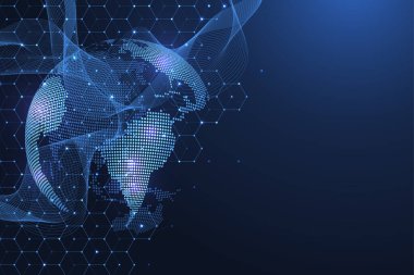 Küresel ağ bağlantısı kavramı. Büyük veri görselleştirmesi. Küresel bilgisayar ağlarındaki sosyal ağ iletişimi. İnternet teknolojisi. İş için. - Bilim. Vektör illüstrasyonu