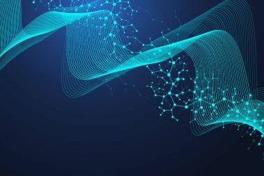 Tıp, bilim, teknoloji, sibernetik ve kimya için bilimsel bir arkaplan. Üzerinde uğursuz DNA molekülleri olan duvar kağıdı ya da afiş. Geometrik dinamik çizim.