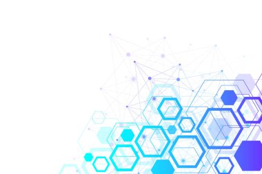 Tıp, bilim, teknoloji, sibernetik ve kimya için bilimsel bir arkaplan. Üzerinde uğursuz DNA molekülleri olan duvar kağıdı ya da afiş. Geometrik dinamik çizim.