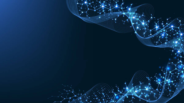 Фон молекулярной структуры. Научный шаблон обои или баннер с молекулами ДНК. Молекулярный фон с шестиугольниками, волновой поток, иллюстрация.