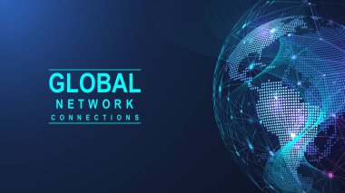 Küresel ağ bağlantısı kavramı. Büyük veri görselleştirmesi. Küresel bilgisayar ağlarındaki sosyal ağ iletişimi. İnternet teknolojisi. İş için. - Bilim. Vektör illüstrasyonu
