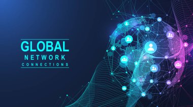 Küresel bilgisayar ağlarındaki sosyal ağ iletişimi. İnternet teknolojisi. Küresel ağ bağlantısı kavramı. Vektör illüstrasyonu.