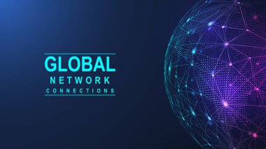 Küresel ağ bağlantısı kavramı. Büyük veri görselleştirmesi. Küresel bilgisayar ağlarındaki sosyal ağ iletişimi. İnternet teknolojisi. İş için. - Bilim. Vektör illüstrasyonu.