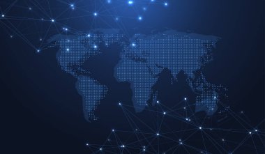 Noktalar ve doğrular ile küresel ağ bağlantıları. Kablo çerçeve arka planı. Soyut bağlantı yapısı. Çokgen uzay arkaplanı, illüstrasyon.