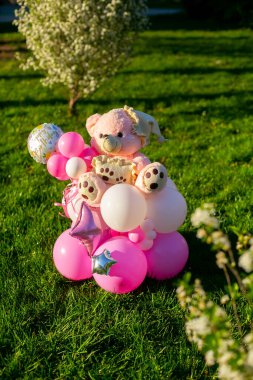 Pembe balonlar ve çimlerin üzerinde ayı bileşimi yaz güneşli
