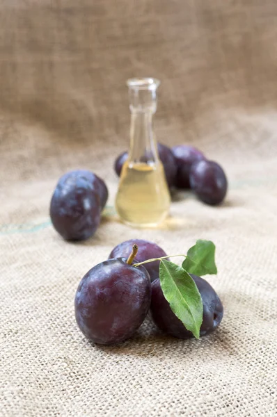 Plum brandy or schnapps and tasty plum fruit. — Stock Photo, Image