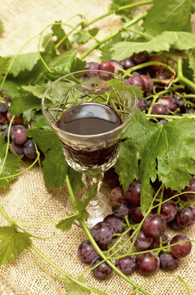 Vino tinto en copa de vino con uvas dulces . —  Fotos de Stock