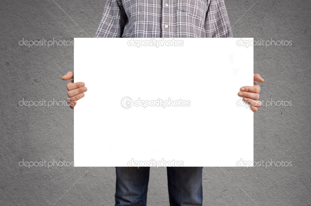Person holding blank white banner with copy space