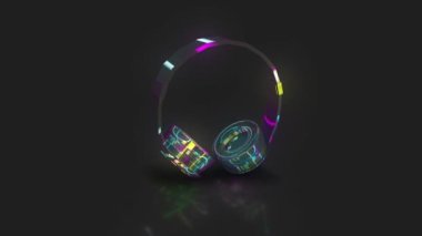 Kulaklıklar gri siyah arka plana karşı, 3D renk efekti animasyonu fütürist bir fenomenin parıldayan şekli. Müzik dinlemek, konferanslar vs. için teknoloji aygıtı.