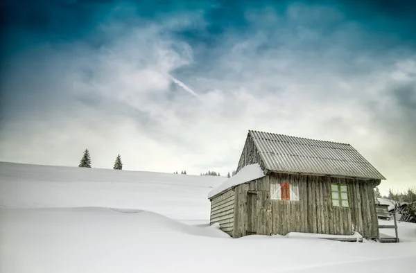 kış sahne handpainted turist iz işareti ile eski ev ile